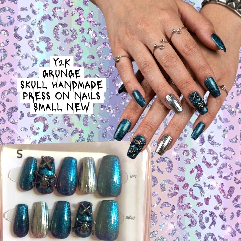 Y2K GRUNGE SKULL HANDMADE PRESS ON FAKE NAIL SET SMALL NEW